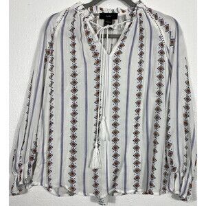 RAIN White Geometric Peasant Blouse V-Neck Long Sleeve Tassel Tie Viscose S